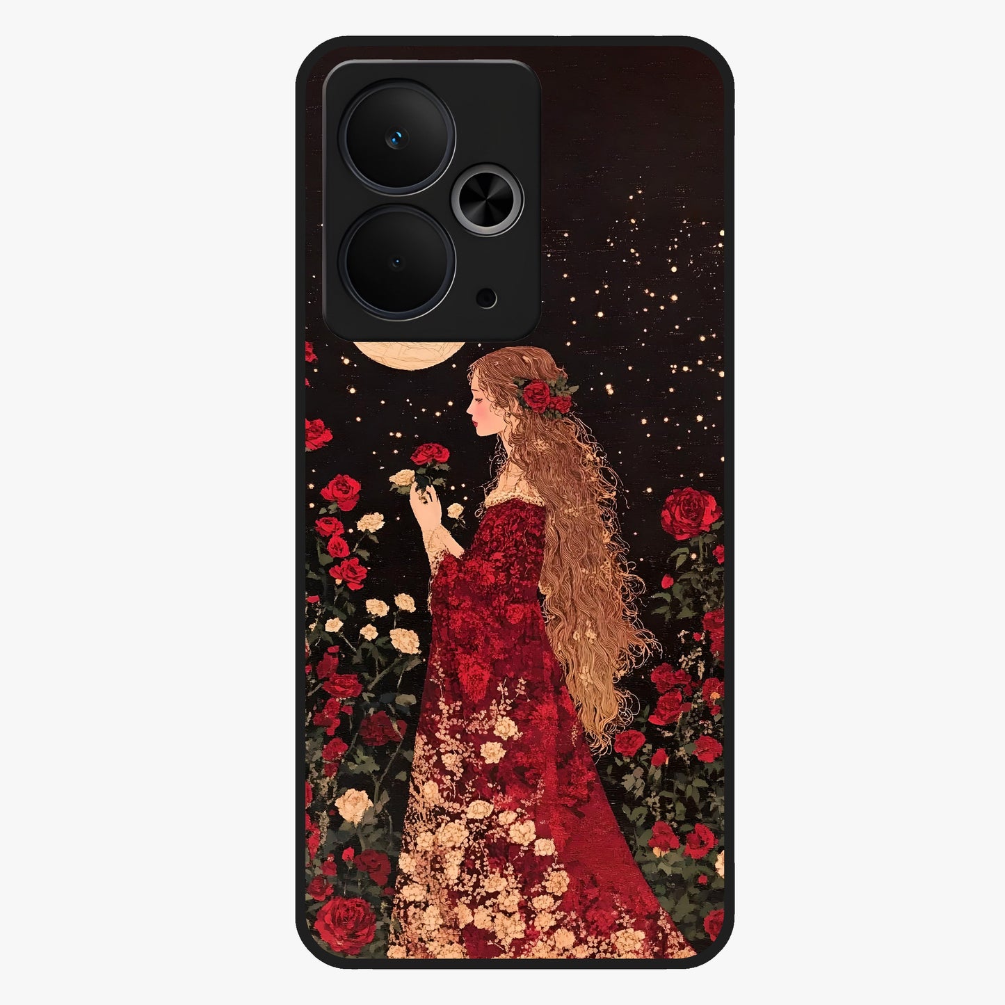 Crimson Dreams Glass Case showing flat back view with dreamy crimson artwork and glossy glass finish.