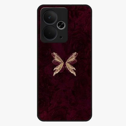 Crimson Fade Butterfly Glass Case showing flat back view with fading butterfly artwork and glossy glass finish.