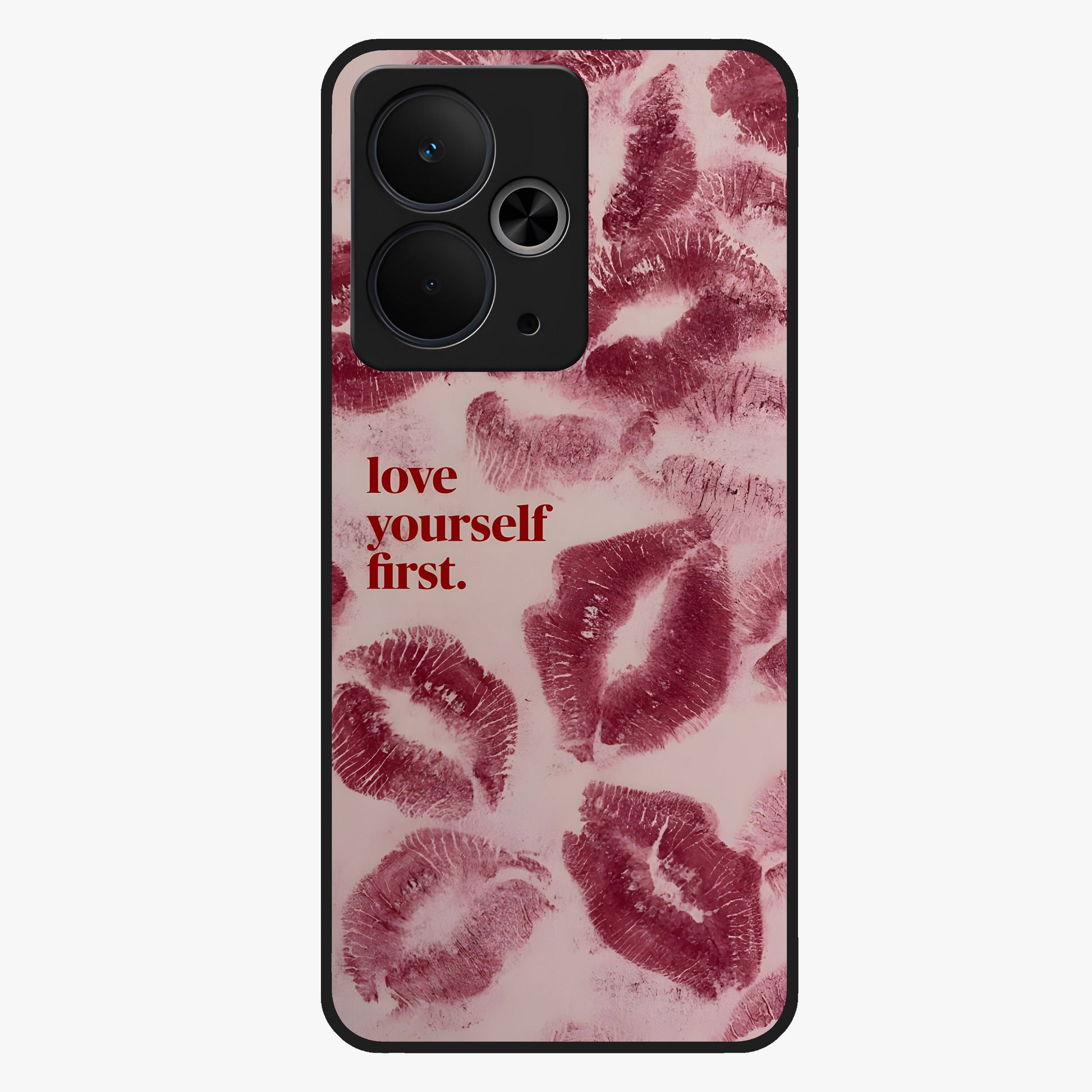 Crimson Kiss Love Glass Case showing flat back view with romantic crimson themed artwork and glossy glass finish.