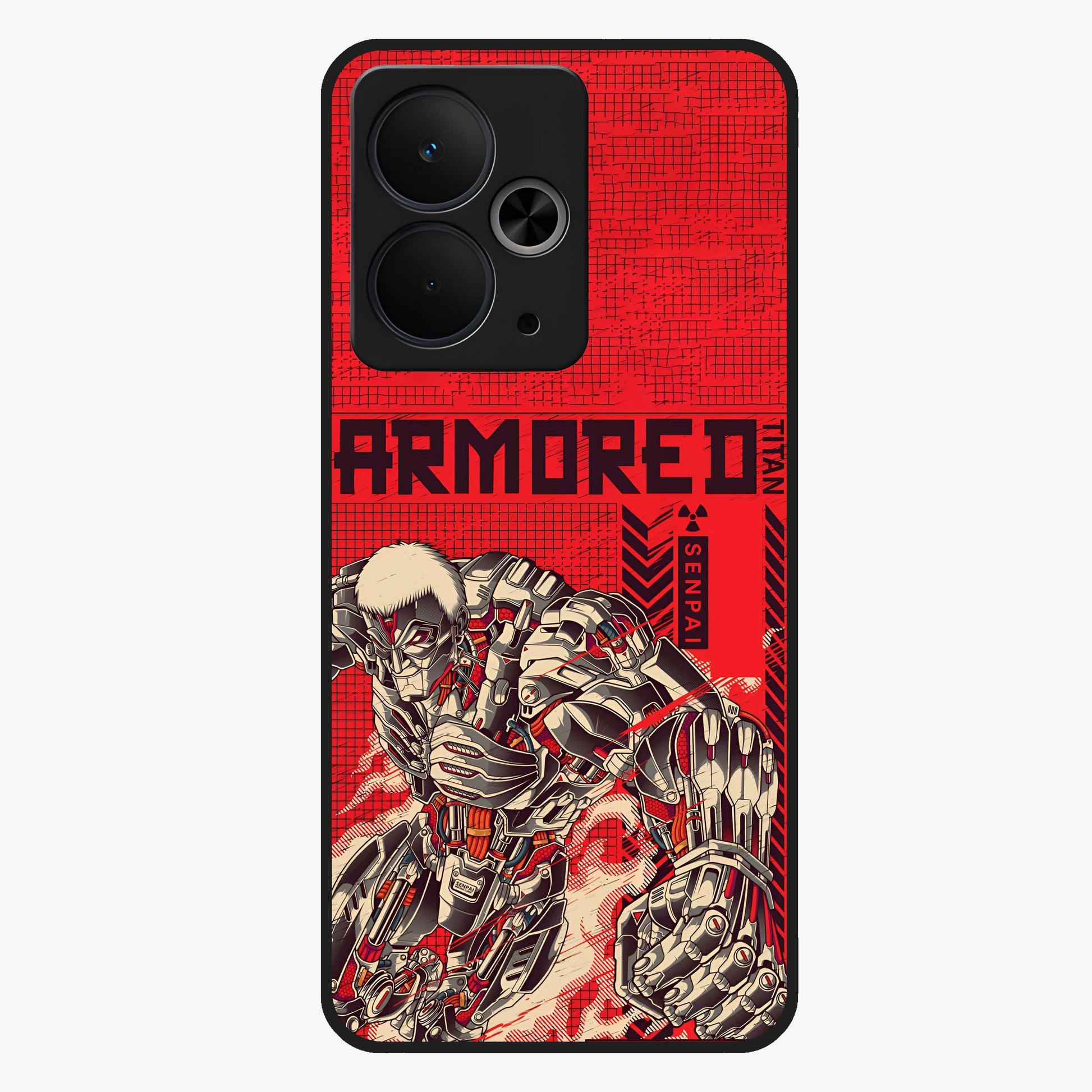Crimson Mecha Titan Glass Case showing flat back view with powerful mech titan artwork and glossy glass finish.