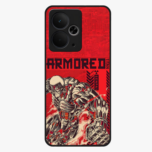Crimson Mecha Titan Glass Case showing flat back view with powerful mech titan artwork and glossy glass finish.