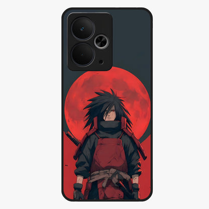 Crimson Moon Warlord Glass Case showing flat back view with mystical moon warrior artwork and glossy glass finish.