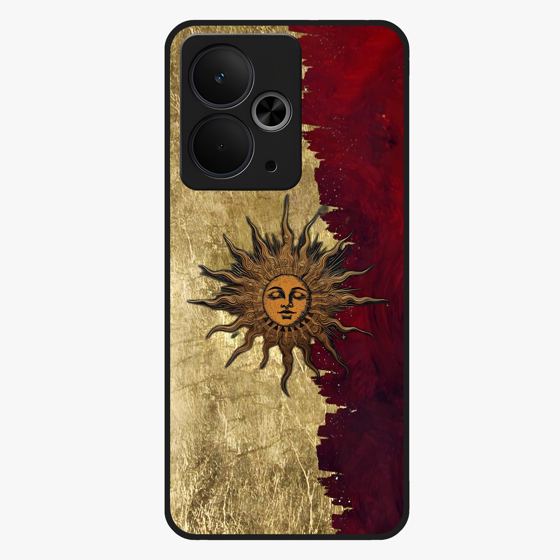 Crimson Sun Majesty Glass Case showing flat back view with radiant sun inspired artwork and glossy glass finish.