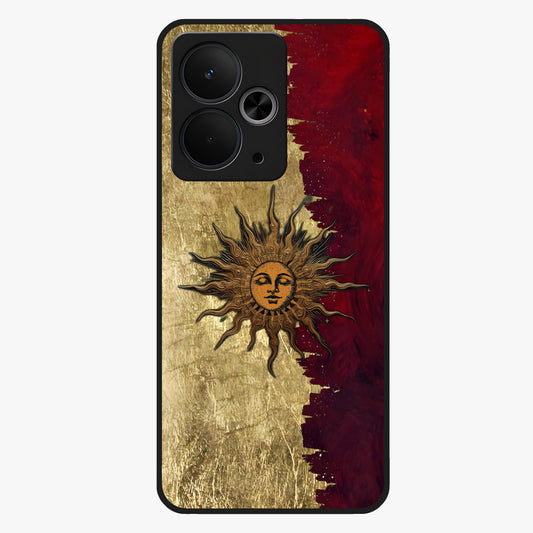 Crimson Sun Majesty Glass Case showing flat back view with radiant sun inspired artwork and glossy glass finish.