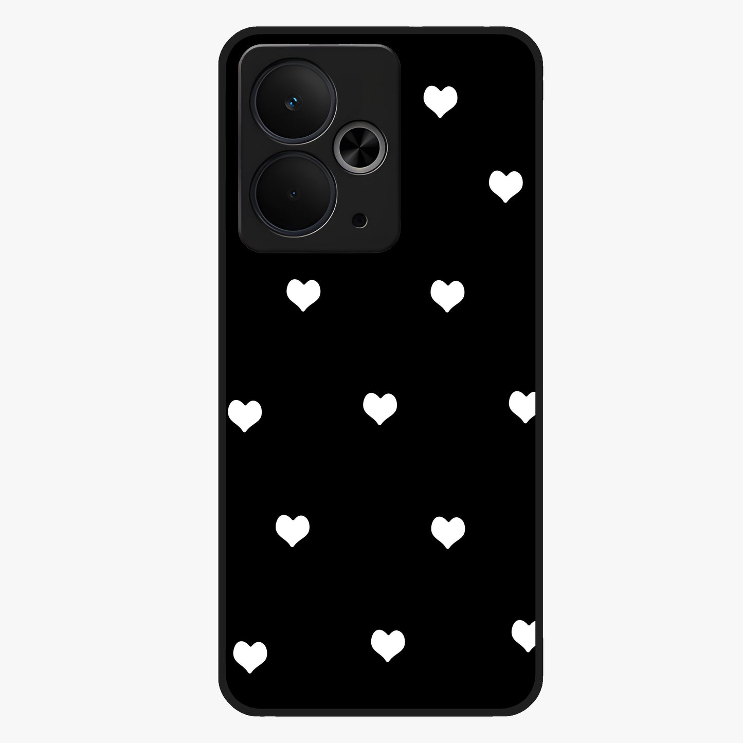 Cute And Simple White Hearts Glass Case showing flat back view with minimal white heart pattern and glossy glass finish.