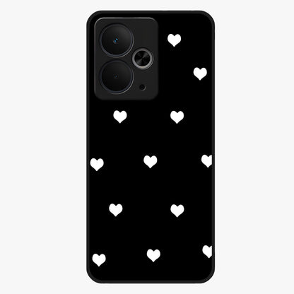 Cute And Simple White Hearts Glass Case showing flat back view with minimal white heart pattern and glossy glass finish.