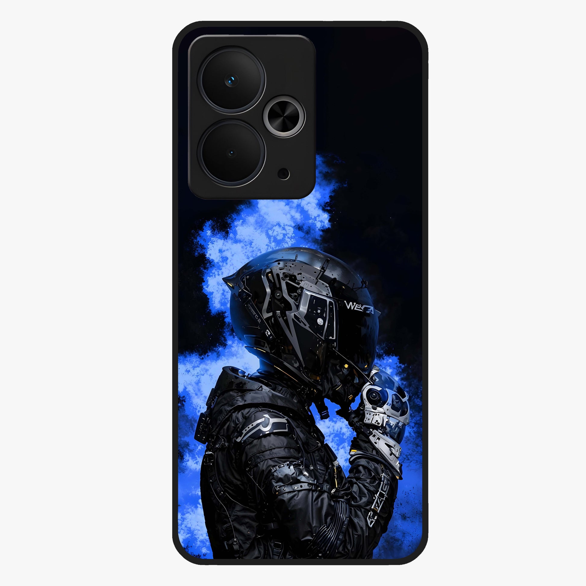 Cyber Sentinel Protocol Glass Case showing flat back view with futuristic cyber themed artwork and glossy glass finish.