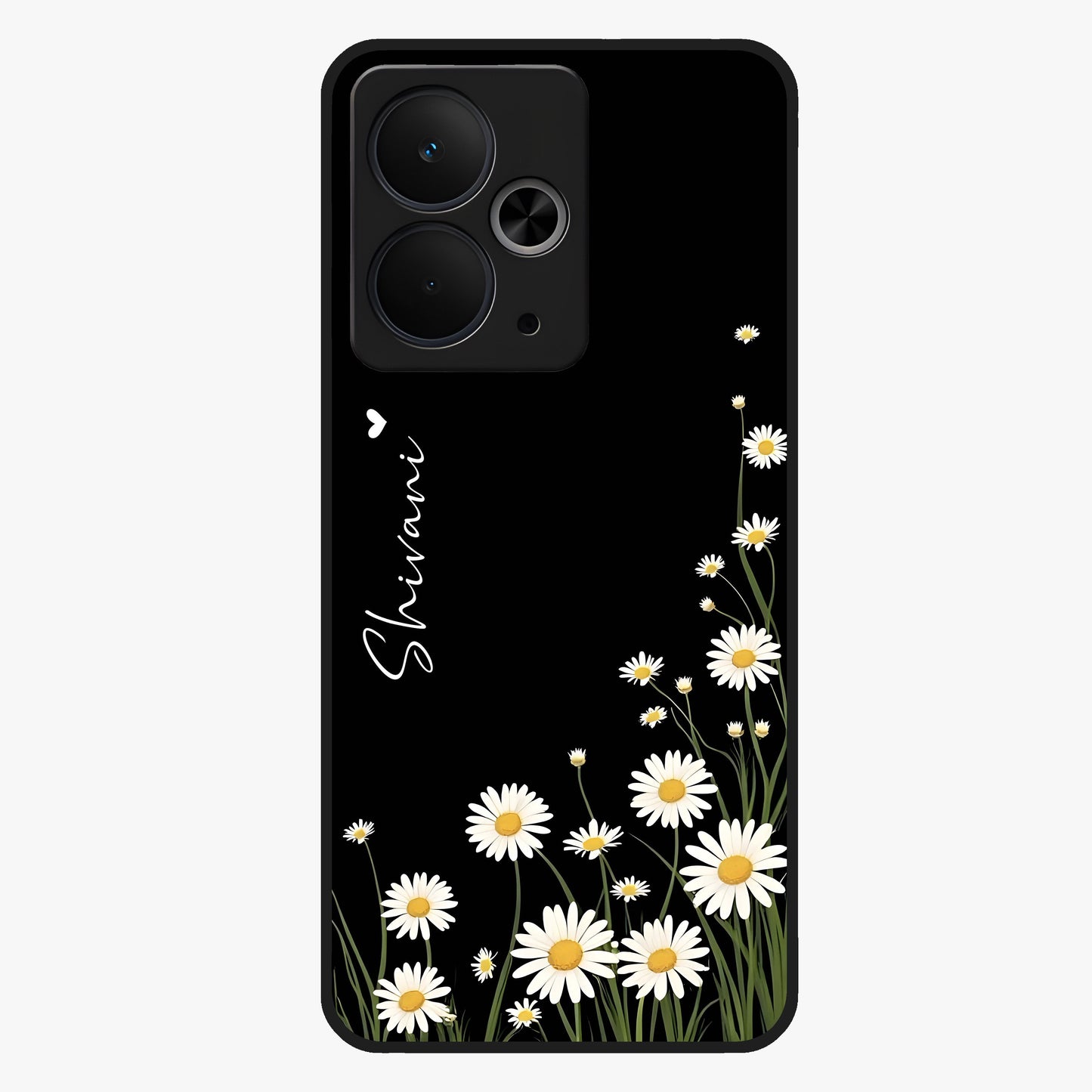 Daisy Cascade Custom Name Glass Case showing flat back view with cascading daisy flowers and personalized name design.