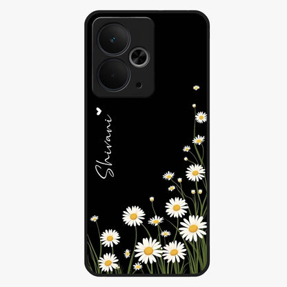 Daisy Cascade Custom Name Glass Case showing flat back view with cascading daisy flowers and personalized name design.