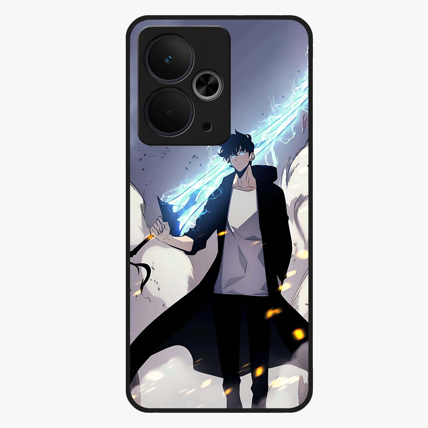 Dark Lightning Anime Warrior Glass Case showing flat back view with intense anime warrior artwork and glossy glass finish.