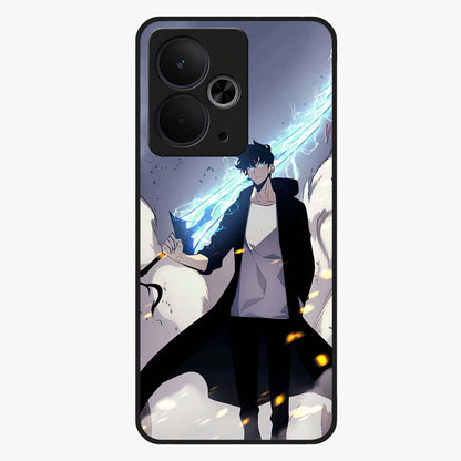Dark Lightning Anime Warrior Glass Case showing flat back view with intense anime warrior artwork and glossy glass finish.