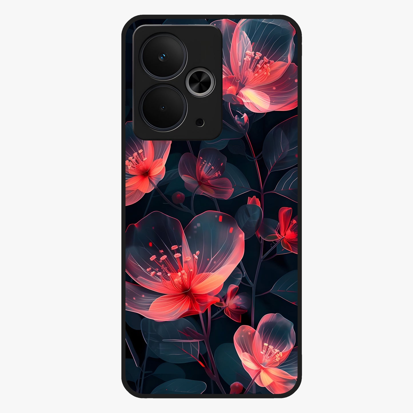 Dark Shade of Flower Glass Case showing flat back view with elegant dark floral artwork and glossy glass finish.