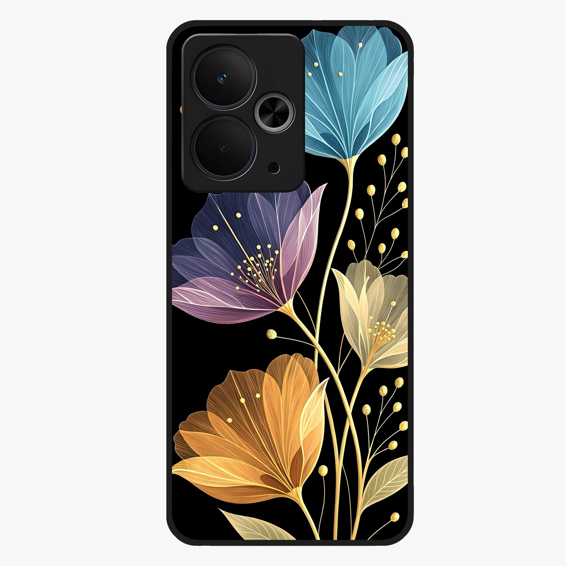 Delicate Multicolor Flowers Glass Case showing flat back view with vibrant floral artwork and glossy glass finish.