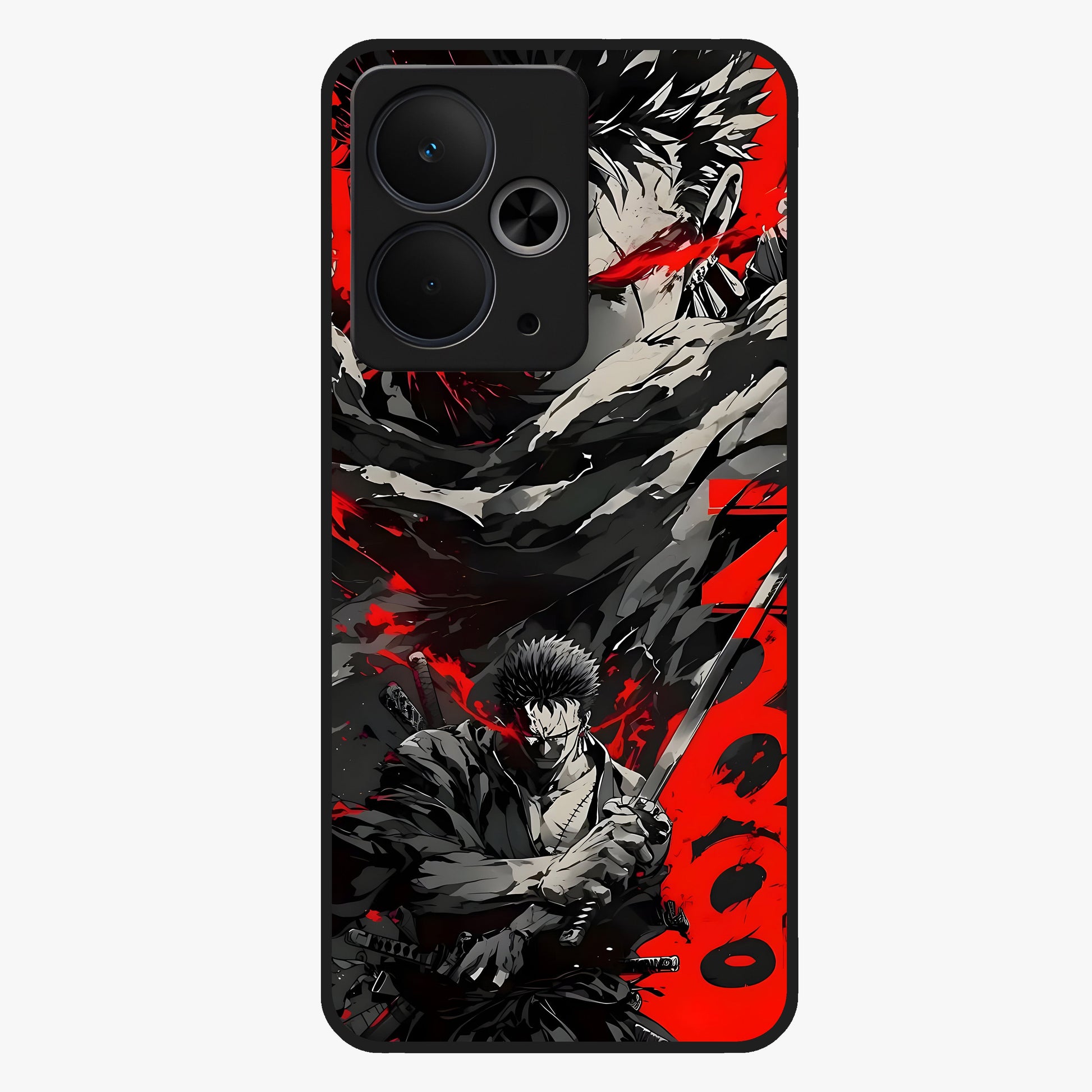 Demon Sword Resolve Glass Case showing flat back view with fierce sword warrior artwork and glossy glass finish.