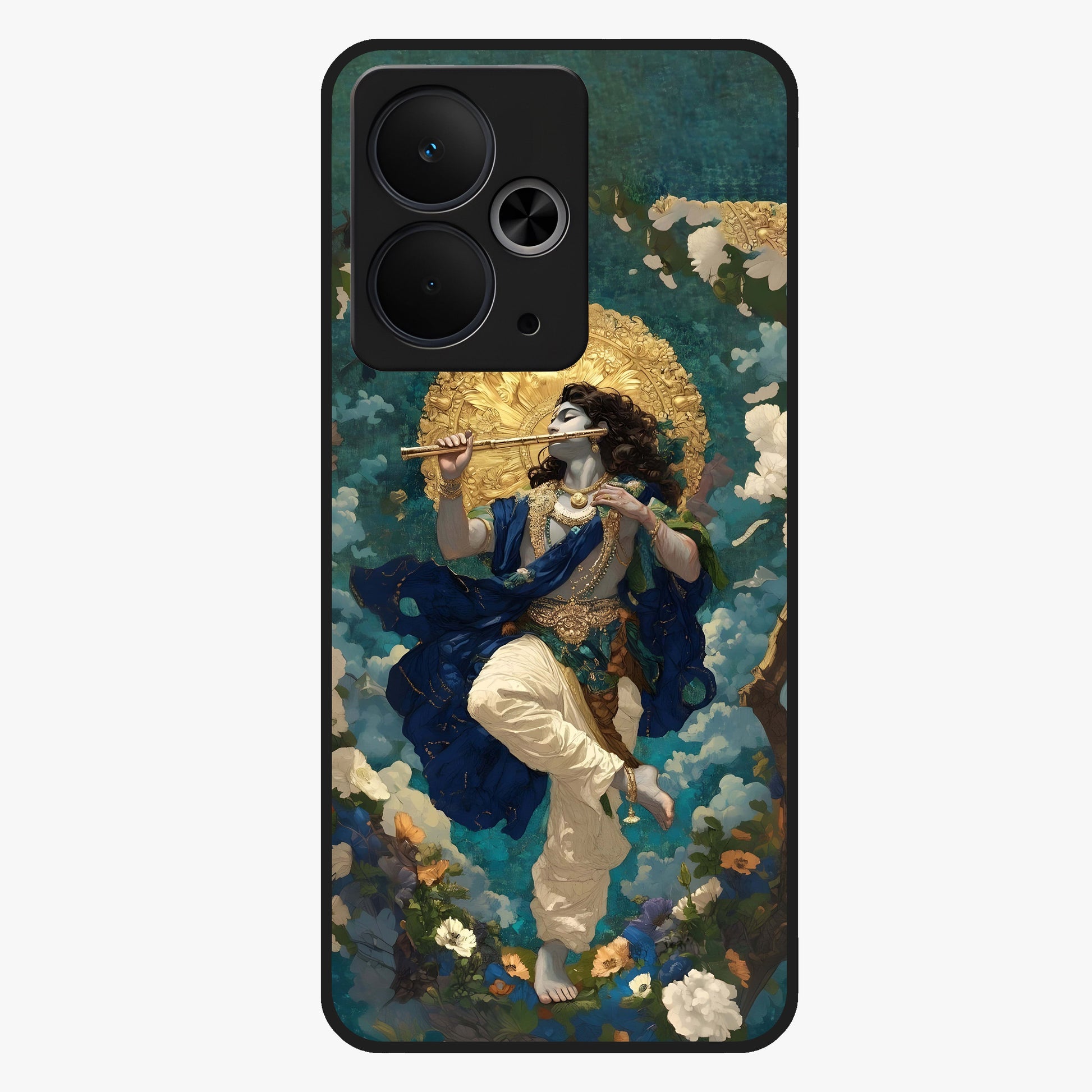 Divine Krishna Art Glass Case showing flat back view with Lord Krishna artwork and glossy glass finish.