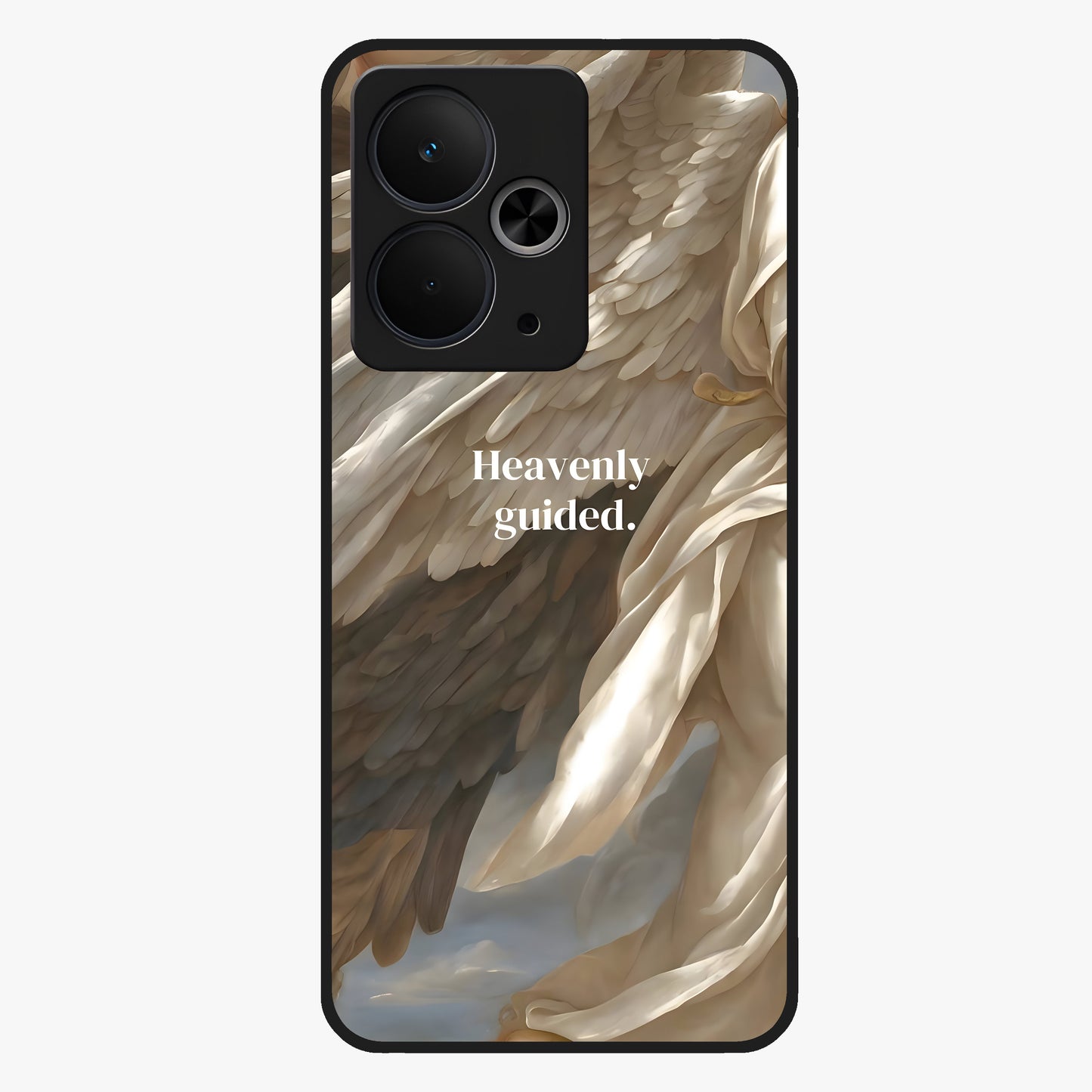 Divine Winged Grace Glass Case showing flat back view with elegant wing inspired artwork and glossy glass finish.