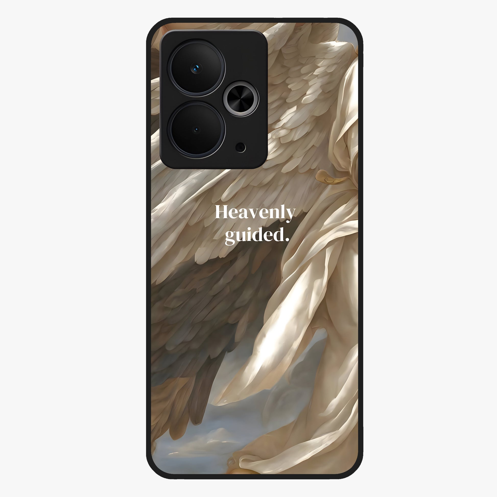 Divine Winged Grace Glass Case showing flat back view with elegant wing inspired artwork and glossy glass finish.