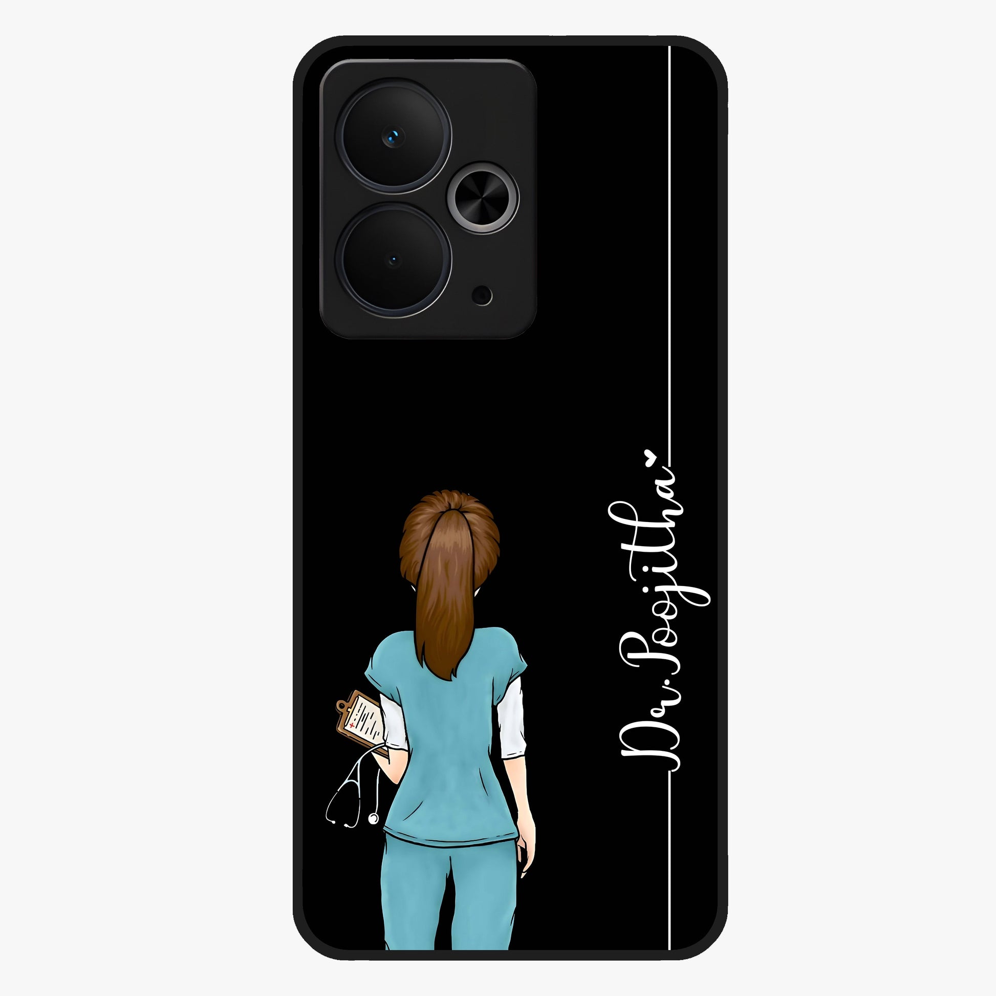 Doctor Pattern Custom Name Glass Case showing flat back view with medical themed pattern and personalized name design.