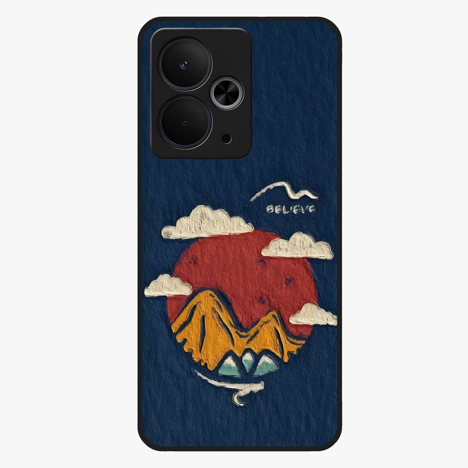 Dream Beyond Mountains Glass Case showing flat back view with scenic mountain landscape artwork and glossy glass finish.