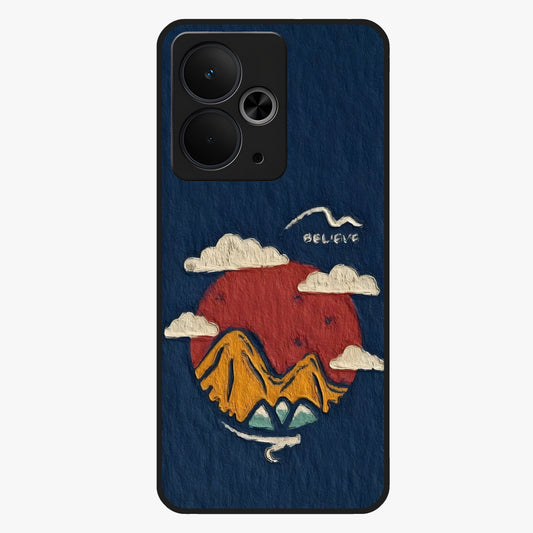 Dream Beyond Mountains Glass Case showing flat back view with scenic mountain landscape artwork and glossy glass finish.