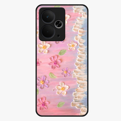 Dreamy Painted Garden Glass Case showing flat back view with artistic painted floral garden artwork and glossy glass finish.