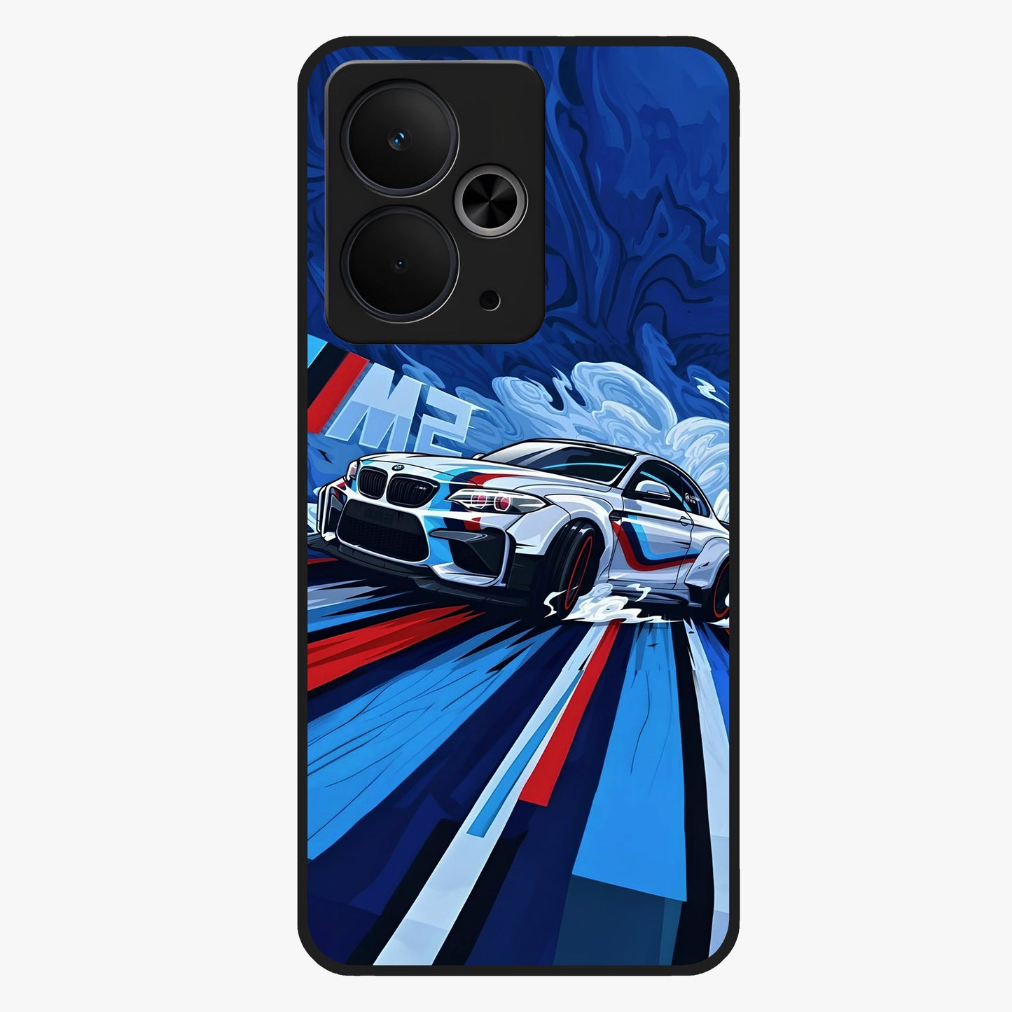 Drift Power Rush Glass Case showing flat back view with dynamic racing inspired artwork and glossy glass finish.