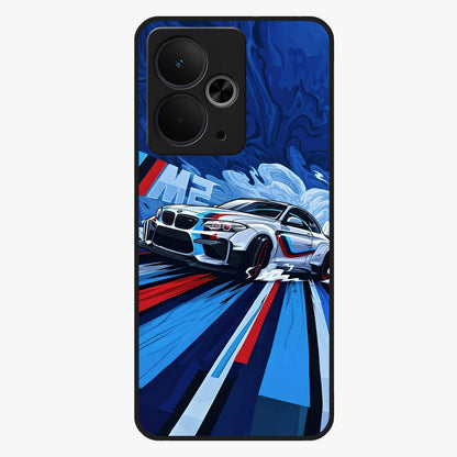 Drift Power Rush Glass Case showing flat back view with dynamic racing inspired artwork and glossy glass finish.