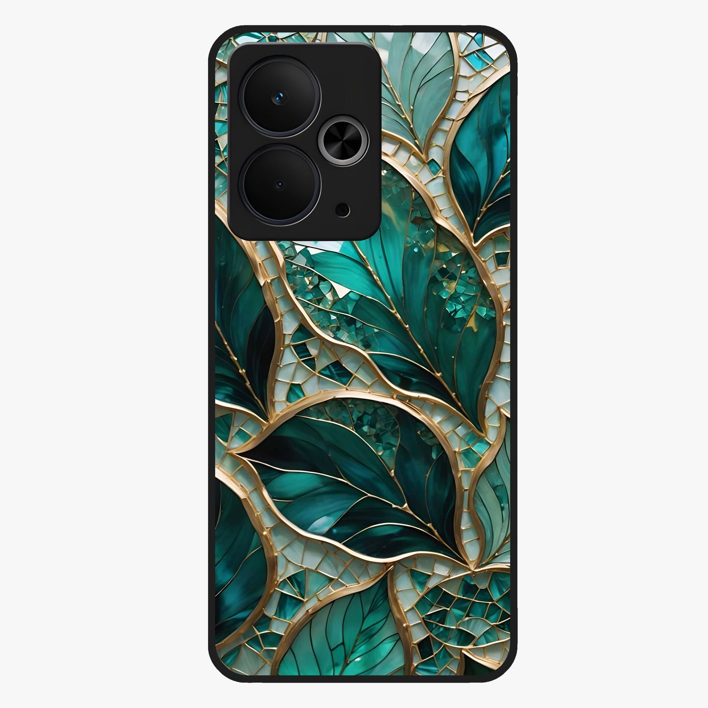 Emerald Leaf Glass Glass Case showing flat back view with emerald green leaf artwork and glossy glass finish.