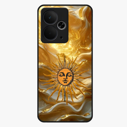 Eternal Golden Glow Glass Case showing flat back view with radiant golden themed artwork and glossy glass finish.