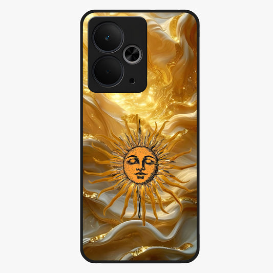 Eternal Golden Glow Glass Case showing flat back view with radiant golden themed artwork and glossy glass finish.