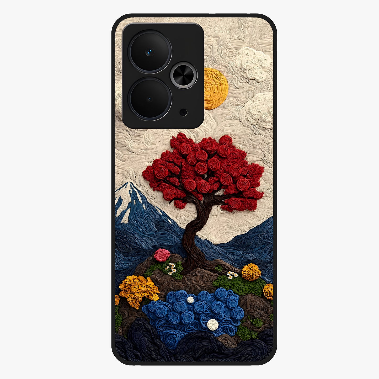 Eternal Nature Tapestry Glass Case showing flat back view with intricate nature tapestry artwork and glossy glass finish.