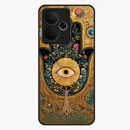 Ethereal Evil Eye Glass Case showing flat back view with mystical evil eye artwork and glossy glass finish.