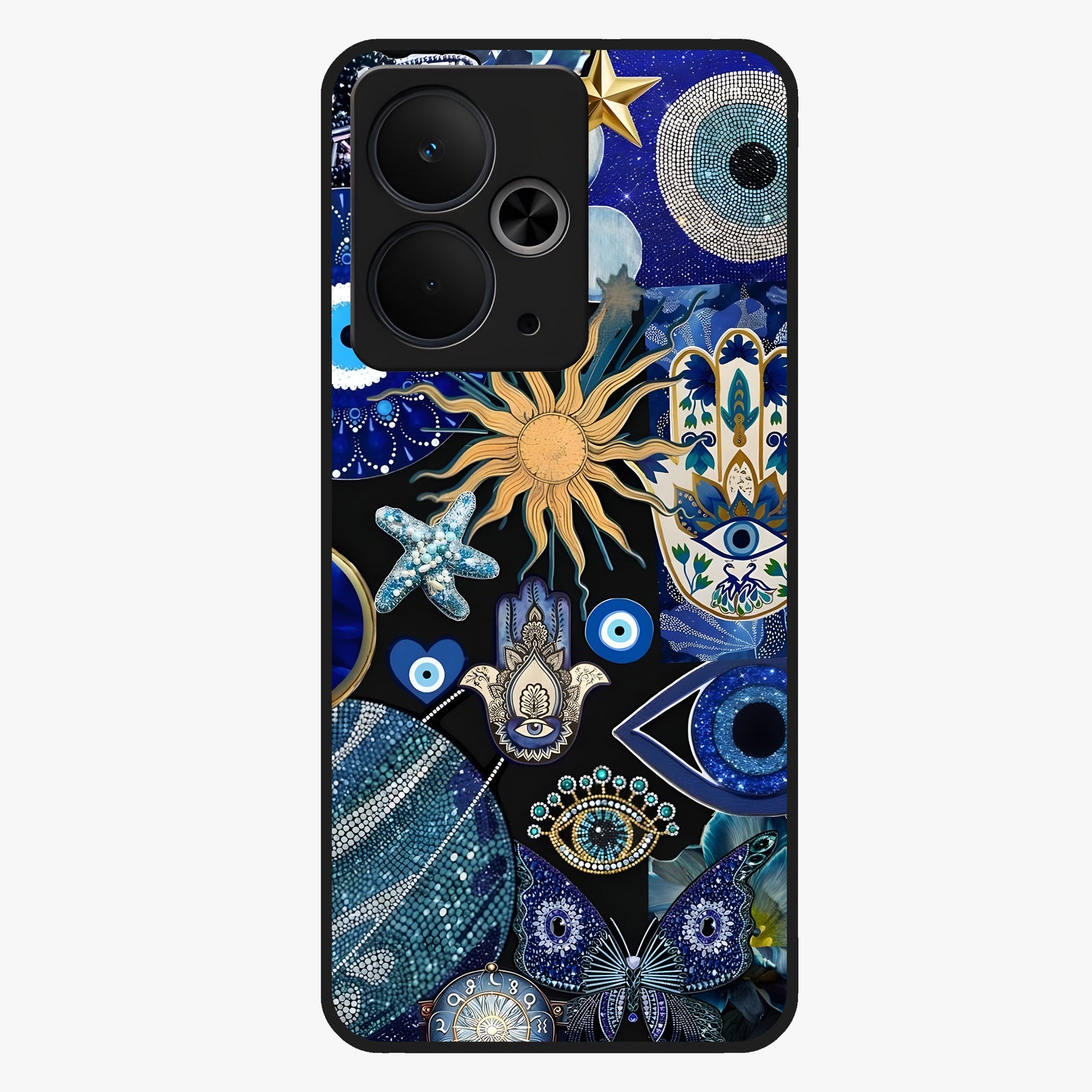 Evil Eye Charm Mix Glass Case showing flat back view with multiple evil eye charms artwork and glossy glass finish.
