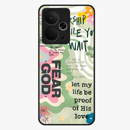 Faith Over Fear Glass Case showing flat back view with motivational typography artwork and glossy glass finish.
