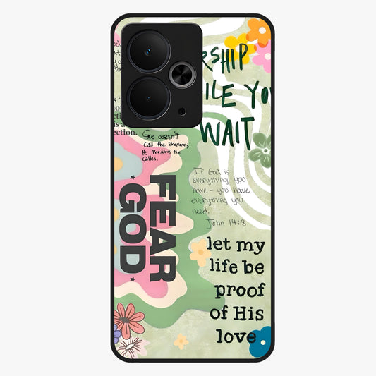 Faith Over Fear Glass Case showing flat back view with motivational typography artwork and glossy glass finish.