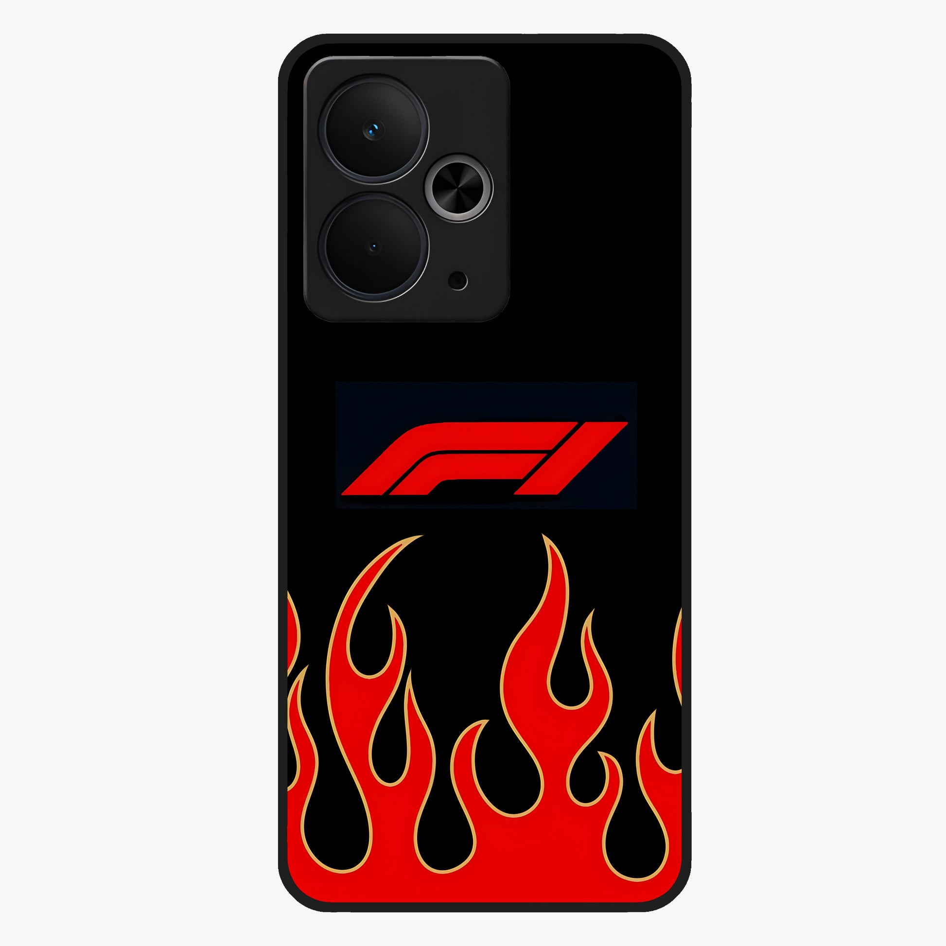 Fire F11 Glass Case showing flat back view with fiery themed artwork and glossy glass finish.