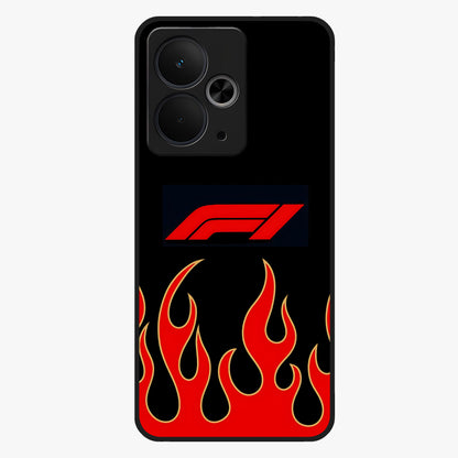 Fire F11 Glass Case showing flat back view with fiery themed artwork and glossy glass finish.