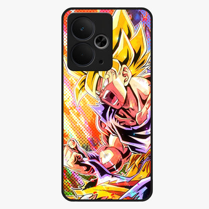 Firing Goku Glass Case showing flat back view with powerful anime inspired artwork and glossy glass finish.