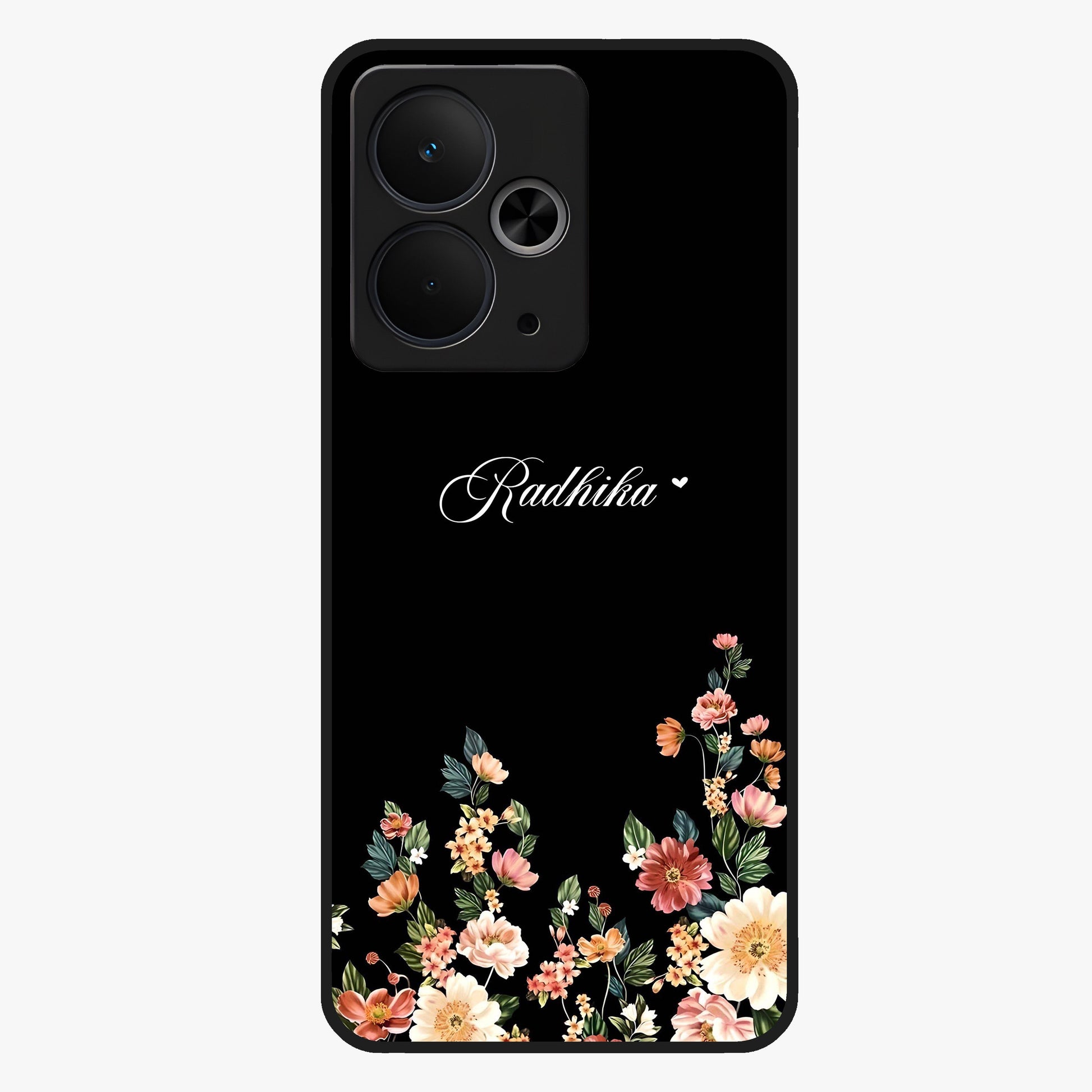 Floral Design With a Custom Personalized Name Glass Case showing flat back view with floral artwork and personalized name design.