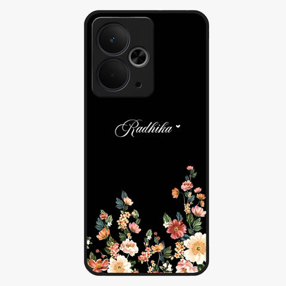 Floral Design With a Custom Personalized Name Glass Case showing flat back view with floral artwork and personalized name design.