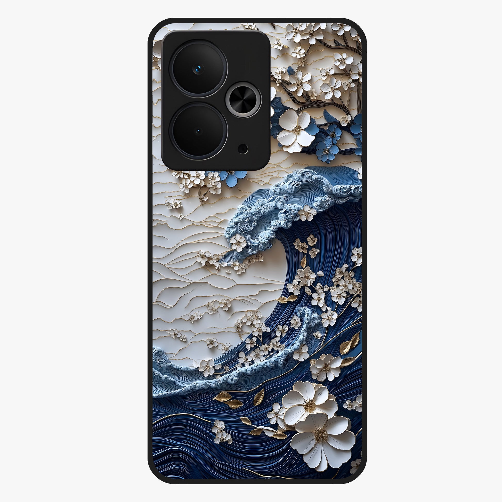 Floral Wave Origami Glass Case showing flat back view with origami inspired floral wave artwork and glossy glass finish.
