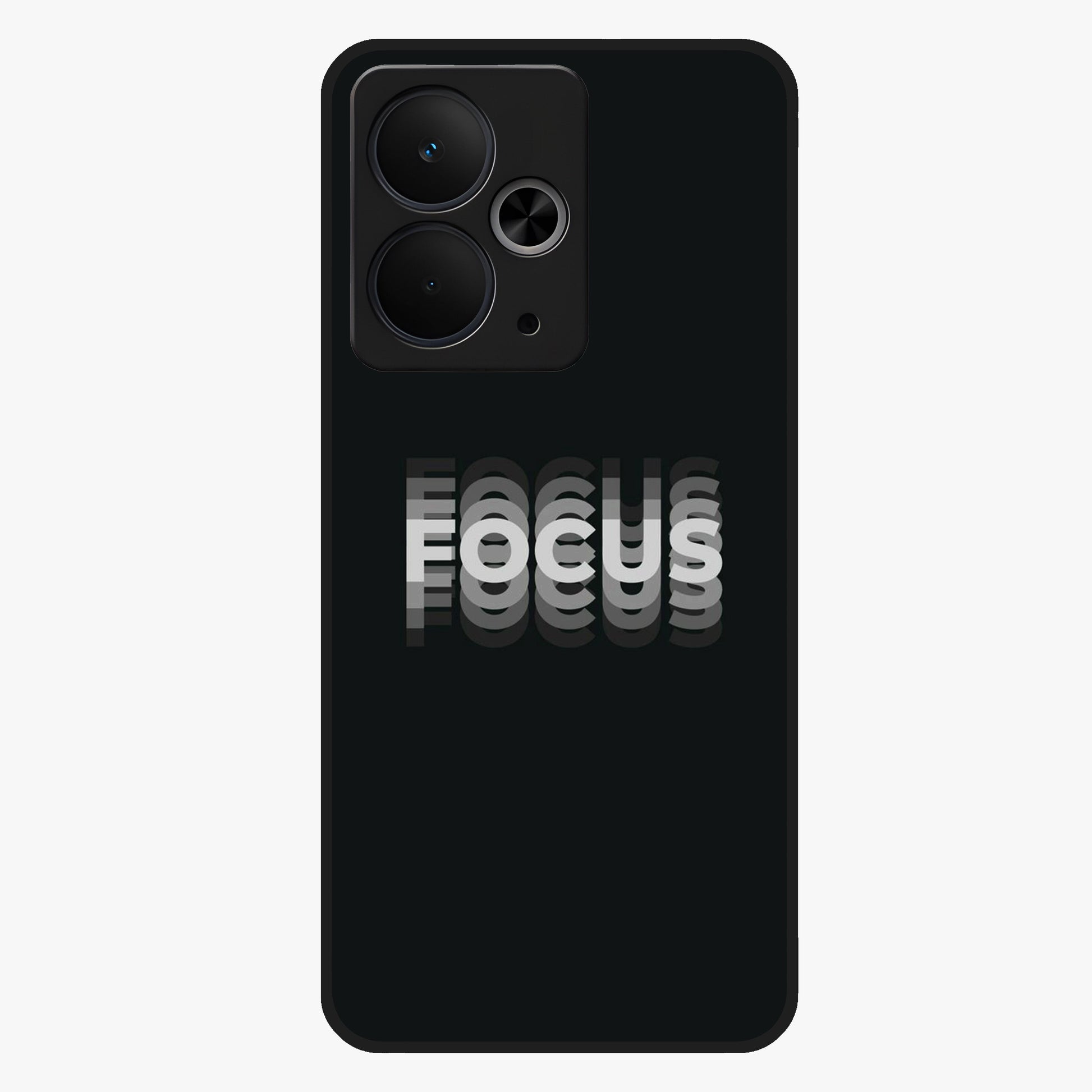 Focus Mode On Glass Case showing flat back view with bold motivational typography design and glossy glass finish.