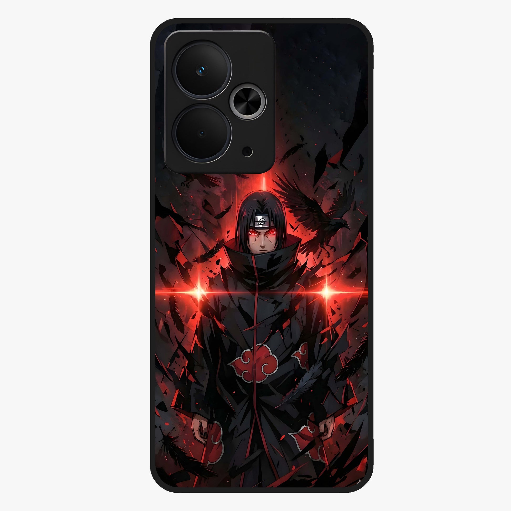 Focused Blade Discipline Glass Case showing flat back view with warrior sword themed artwork and glossy glass finish.