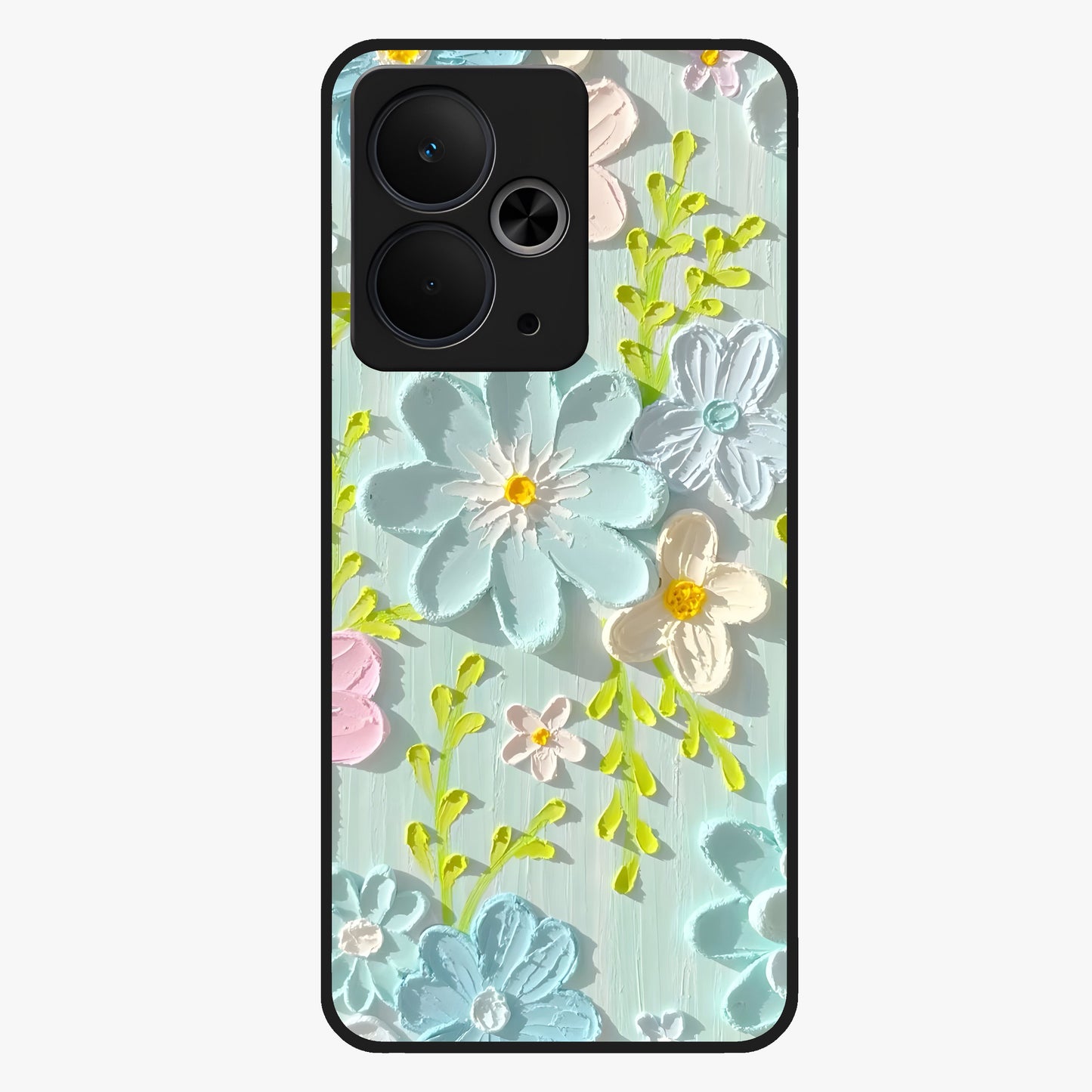 Frosted Petal Garden Glass Case showing flat back view with soft frosted floral artwork and glossy glass finish.