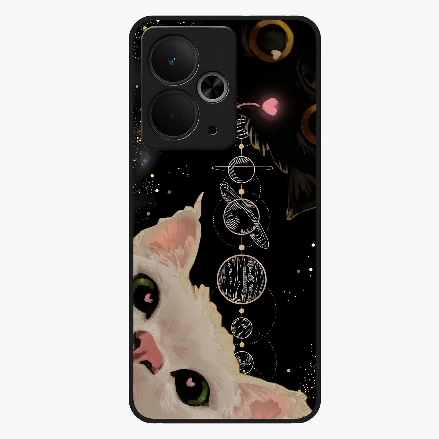 Galactic Cat Glass Case showing flat back view with cosmic cat artwork and glossy glass finish.