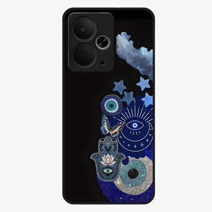 Galactic Charm Cluster Glass Case showing flat back view with glowing celestial charm artwork and glossy glass finish.
