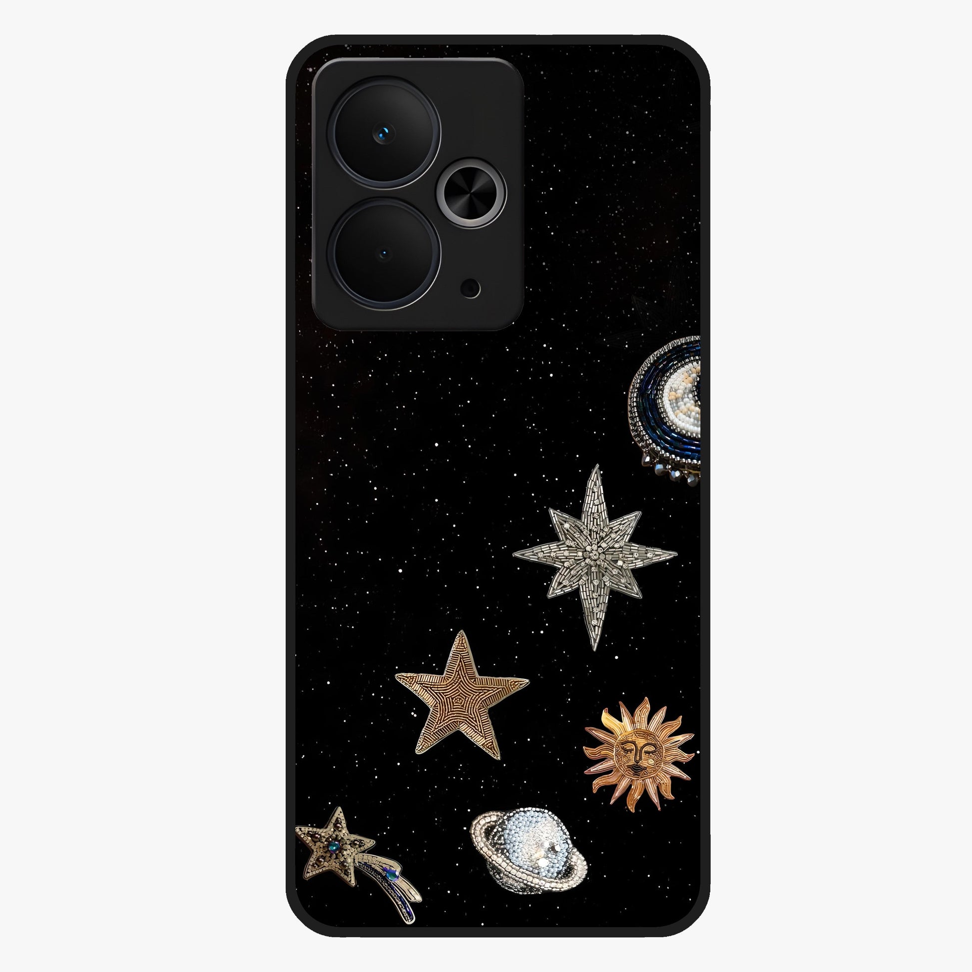 Galactic Charm Glow Glass Case showing flat back view with glowing celestial charm artwork and glossy glass finish.