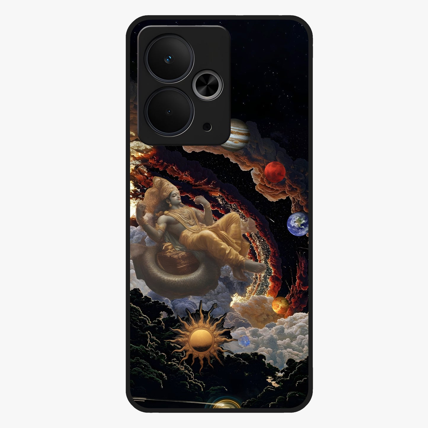 Galactic Divine God Glass Case showing flat back view with divine cosmic themed artwork and glossy glass finish.