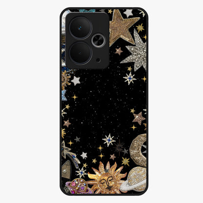 Galactic Jewel Stars Glass Case showing flat back view with sparkling star jewel artwork and glossy glass finish.