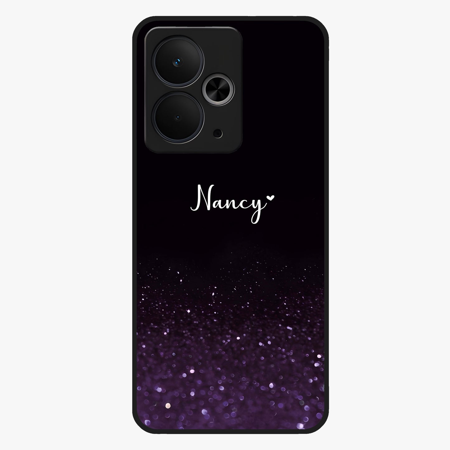 Glittery Purple Bokeh Custom Name Glass Case showing flat back view with purple bokeh sparkle artwork and personalized name design.